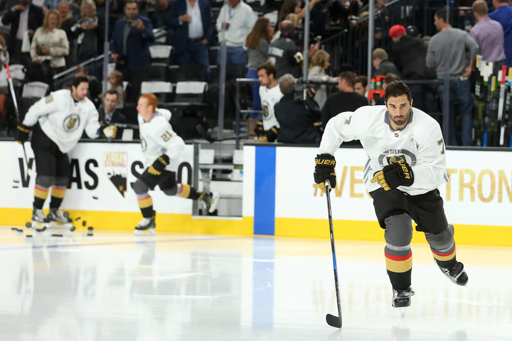 Vegas Golden Knights defenseman Jason Garrison (7) takes to the ice for warm ups before the game against the Arizona Coyotes at T-Mobile Arena in Las Vegas, Tuesday, Oct. 10, 2017. Bridget Bennett ...