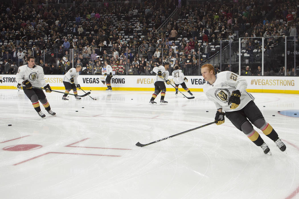 Vegas Golden Knights center Cody Eakin (21) warms up with teammates before the game against the Arizona Coyotes at T-Mobile Arena in Las Vegas, Tuesday, Oct. 10, 2017. This was the first  Bridget  ...