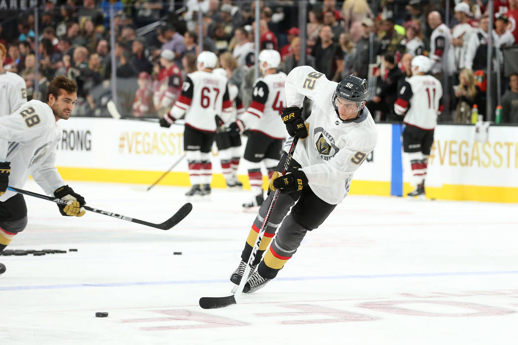 Vegas Golden Knights left wing Tomas Nosek (92) passes the puck during warmups before the game against the Arizona Coyotes at T-Mobile Arena in Las Vegas, Tuesday, Oct. 10, 2017. Bridget Bennett L ...