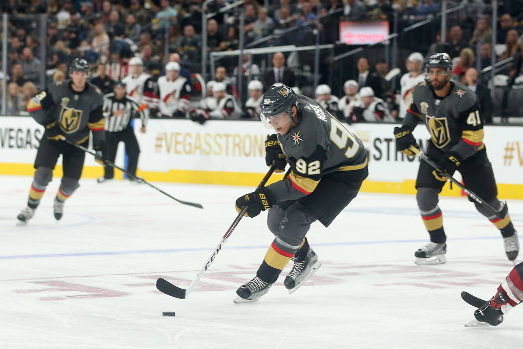 Vegas Golden Knights left wing Tomas Nosek (92) bring the puck up to the net during the second period against the Arizona Coyotes at T-Mobile Arena in Las Vegas, Tuesday, Oct. 10, 2017. Bridget Be ...