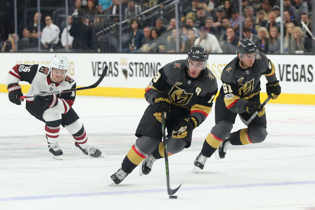 Vegas Golden Knights right wing Reilly Smith (19) brings the puck up the ice during the second period against the Arizona Coyotes at T-Mobile Arena in Las Vegas, Tuesday, Oct. 10, 2017. Bridget Be ...
