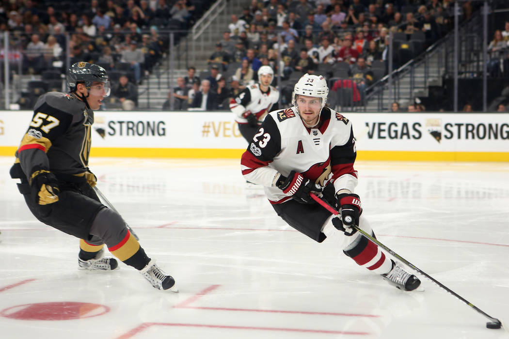 Arizona Coyotes defenseman Oliver Ekman-Larsson (23) handles the puck during the second period at T-Mobile Arena in Las Vegas, Tuesday, Oct. 10, 2017. Bridget Bennett Las Vegas Review-Journal @Bri ...