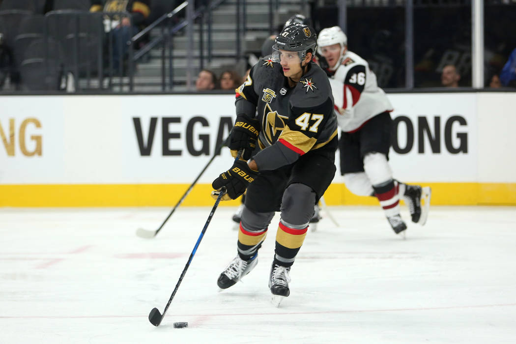 Vegas Golden Knights defenseman Luca Sbisa (47) handles the puck during the third period against the Arizona Coyotes at T-Mobile Arena in Las Vegas, Tuesday, Oct. 10, 2017. Knights won 5-2. Bridge ...