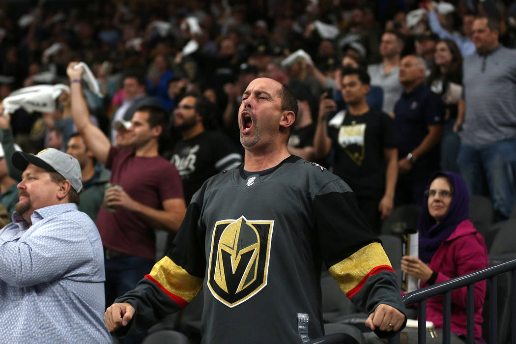 A Vegas Golden Knights fan cheers during the third period against the Arizona Coyotes at T-Mobile Arena in Las Vegas, Tuesday, Oct. 10, 2017. Knights won 5-2. Bridget Bennett Las Vegas Review-Jour ...