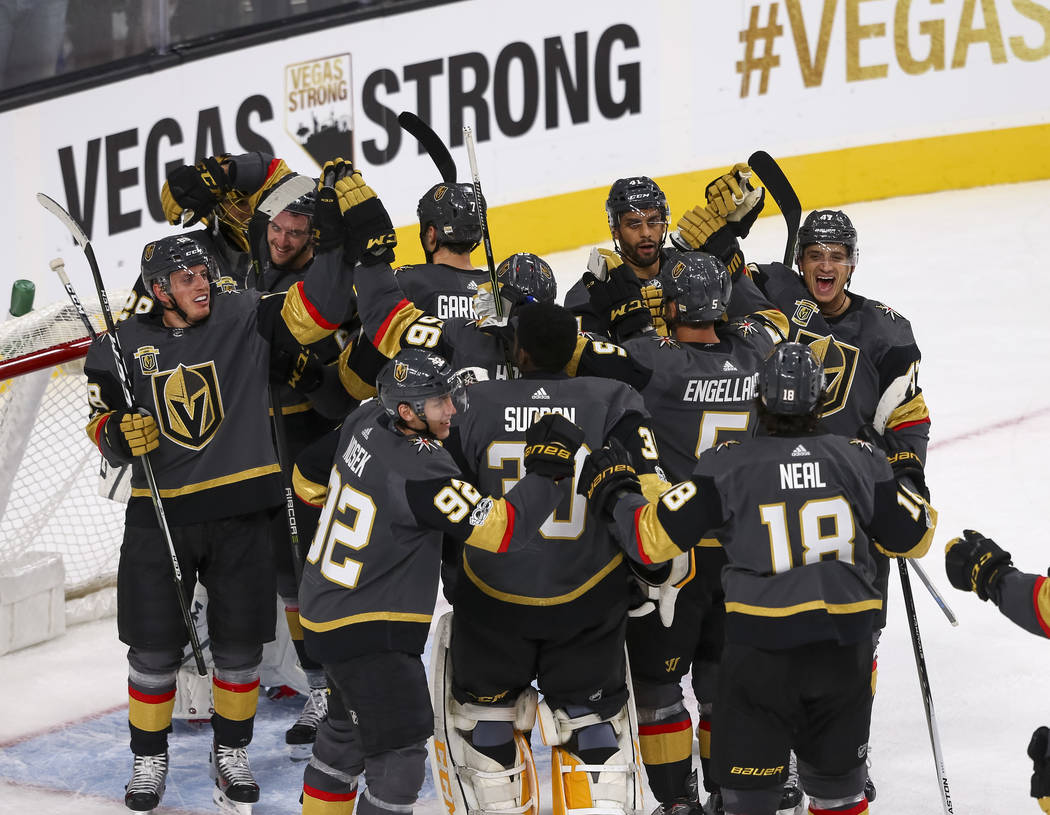 Vegas Golden Knights celebrate their 5-2 victory over Arizona Coyotes, Tuesday, Oct. 10, 2017, at the T-Mobile Arena in Las Vegas. Richard Brian Las Vegas Review-Journal @vegasphotograph