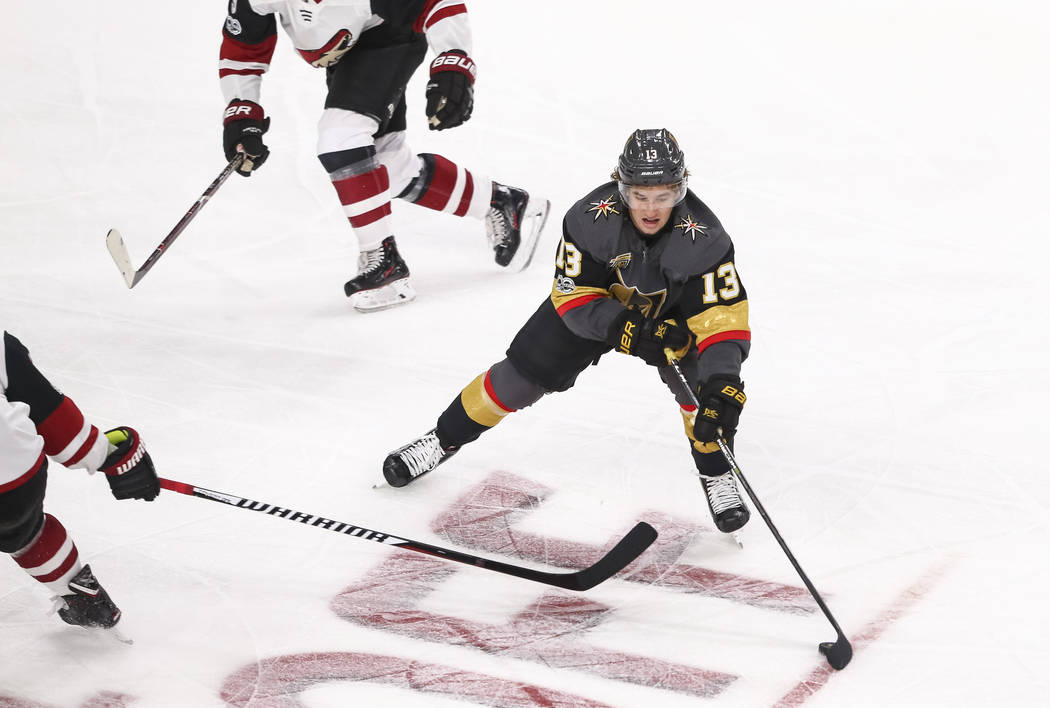 Vegas Golden Knights left wing Brendan Leipsic (13) attempts to gain control of the puck during the second period of an NHL hockey game between the Vegas Golden Knights and the Arizona Coyotes, Tu ...