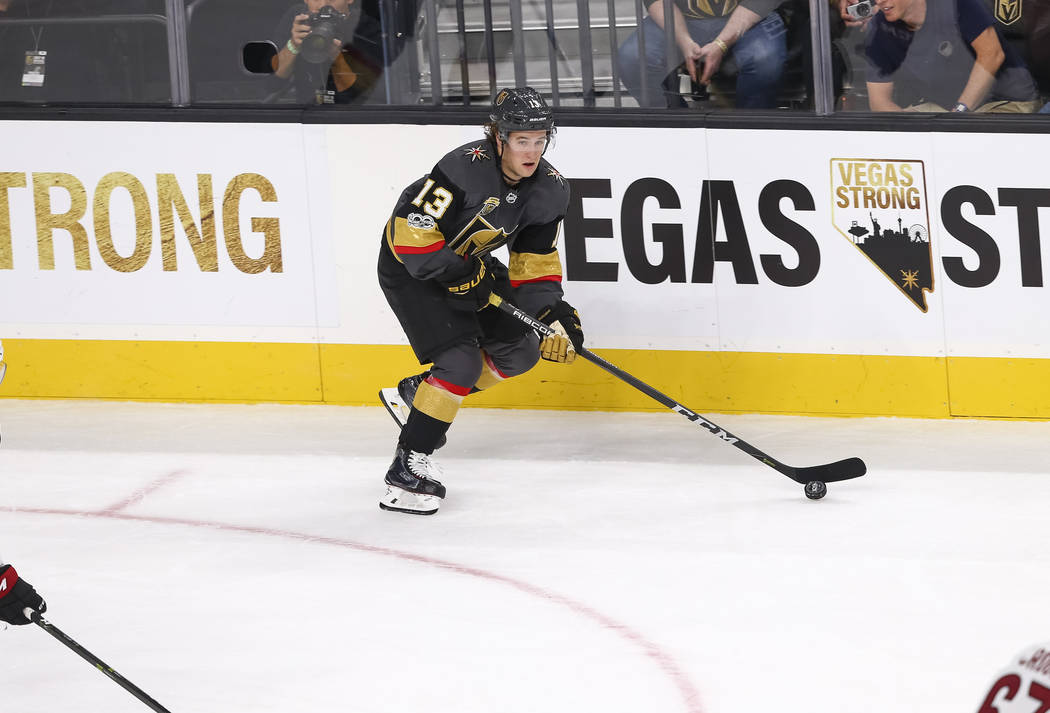 Vegas Golden Knights left wing Brendan Leipsic (13) controls the puck during the first period of an NHL hockey game between the Vegas Golden Knights and the Arizona Coyotes, Tuesday, Oct. 10, 2017 ...