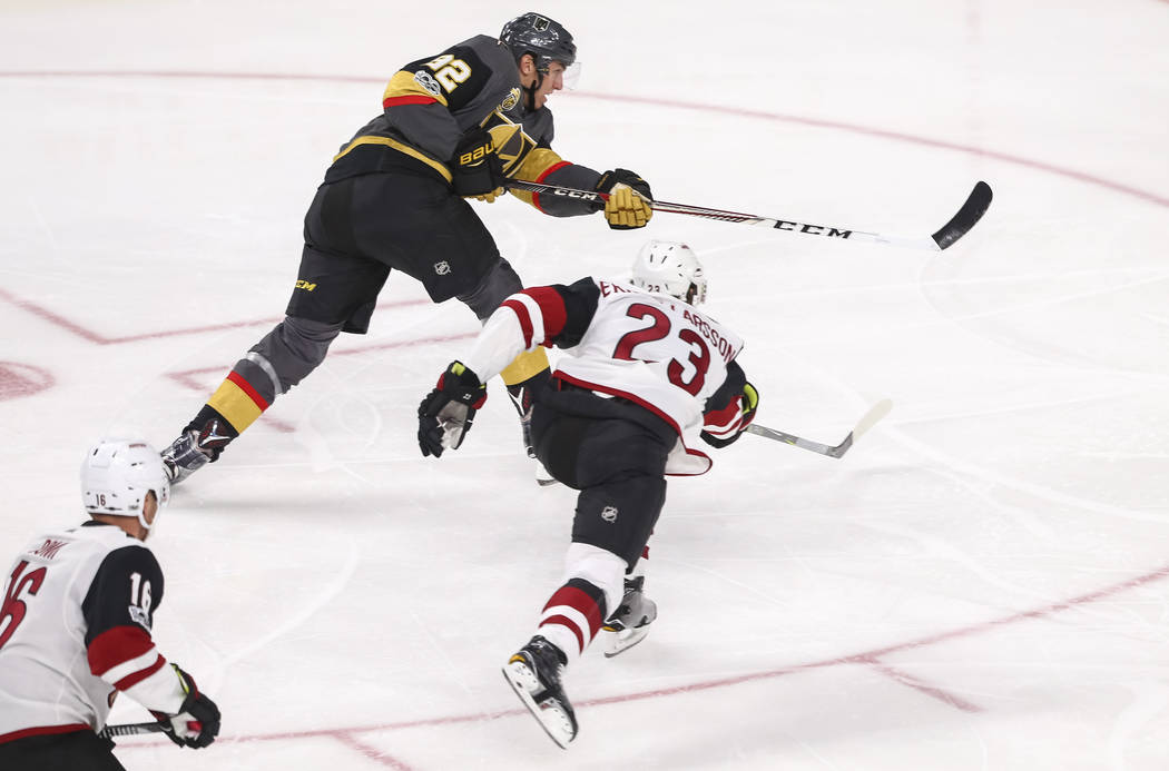 Vegas Golden Knights left wing Tomas Nosek (92) takes a slap shot for a goal during the first period of an NHL hockey game between the Vegas Golden Knights and the Arizona Coyotes, Tuesday, Oct. 1 ...