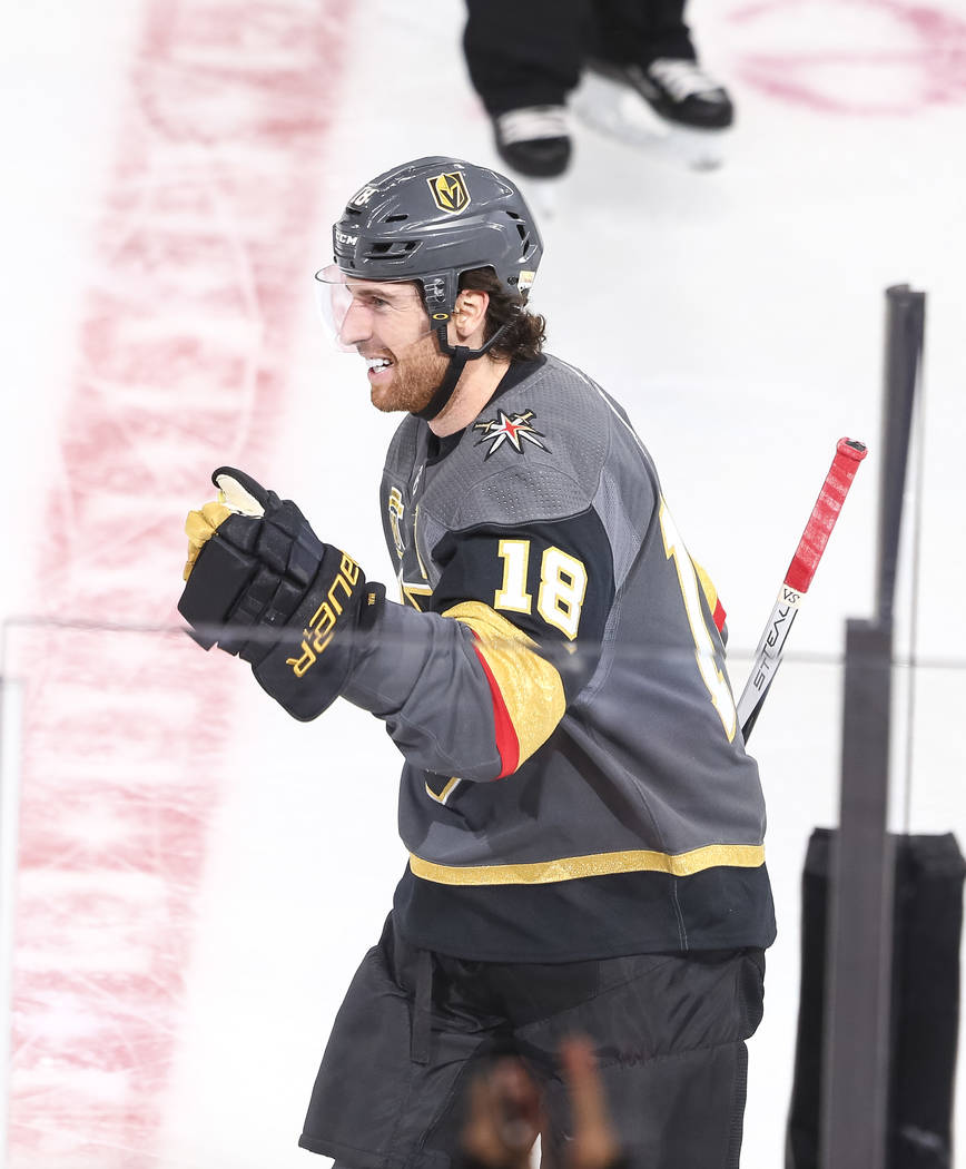 Vegas Golden Knights left wing James Neal (18) celebrates after scoring a goal during the first period of an NHL hockey game between the Vegas Golden Knights and the Arizona Coyotes, Tuesday, Oct. ...