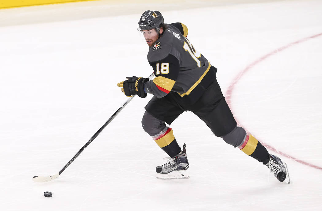 Vegas Golden Knights left wing James Neal (18) controls the puck during the second period of an NHL hockey game between the Vegas Golden Knights and the Arizona Coyotes, Tuesday, Oct. 10, 2017, at ...