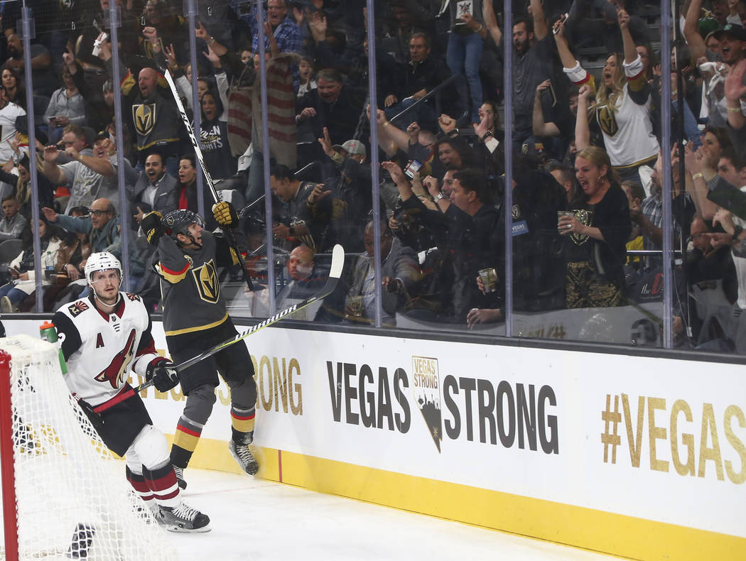 Vegas Golden Knights' Tomas Nosek (92) reacts after scoring the first goal of the night against the Arizona Coyotes during an NHL hockey game at T-Mobile Arena in Las Vegas on Tuesday, Oct. 10, 20 ...