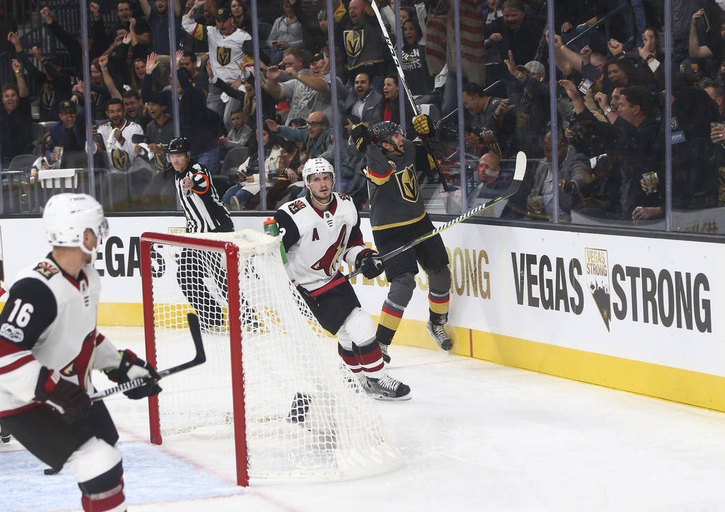 Vegas Golden Knights' Tomas Nosek (92) reacts after scoring the first goal of the night against the Arizona Coyotes during an NHL hockey game at T-Mobile Arena in Las Vegas on Tuesday, Oct. 10, 20 ...