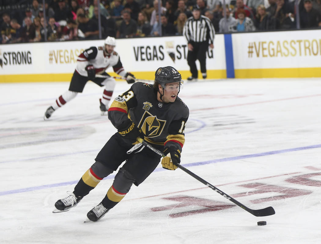 Vegas Golden Knights' Brendan Leipsic (13) guides the puck during an NHL hockey game against the Arizona Coyotes at T-Mobile Arena in Las Vegas on Tuesday, Oct. 10, 2017. Chase Stevens Las Vegas R ...