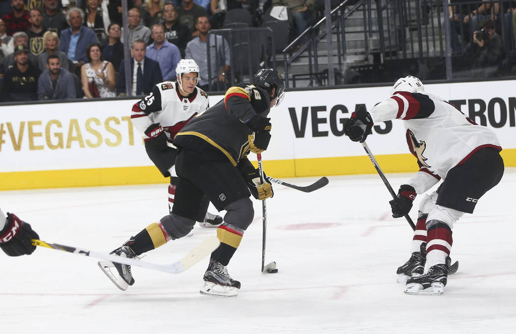 Vegas Golden Knights' James Neal (18) prepares to score against the Arizona Coyotes during an NHL hockey game at T-Mobile Arena in Las Vegas on Tuesday, Oct. 10, 2017. Chase Stevens Las Vegas Revi ...