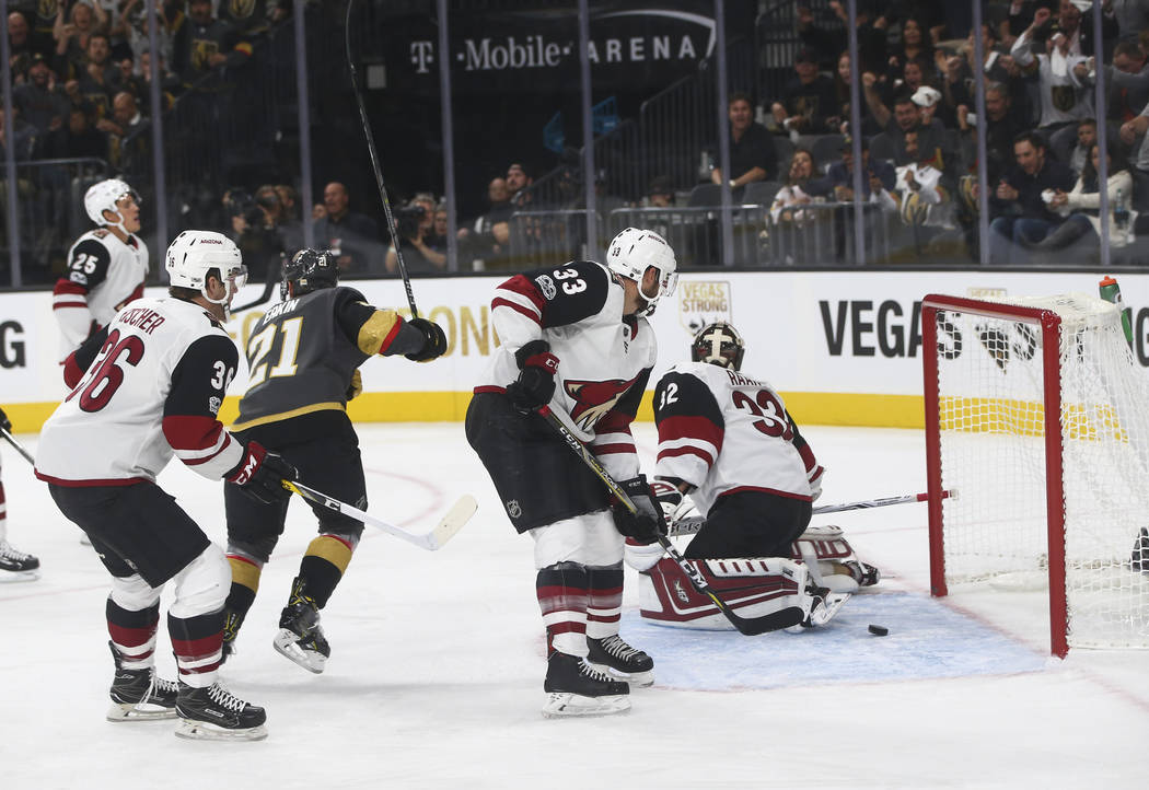 Vegas Golden Knights' James Neal, not pictured, scores against the Arizona Coyotes during an NHL hockey game at T-Mobile Arena in Las Vegas on Tuesday, Oct. 10, 2017. Chase Stevens Las Vegas Revie ...