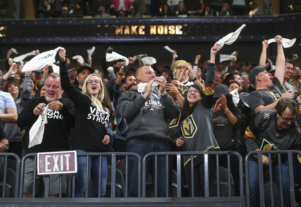 Vegas Golden Knights fans celebrate a goal by James Neal against the Arizona Coyotes during an NHL hockey game at T-Mobile Arena in Las Vegas on Tuesday, Oct. 10, 2017. Chase Stevens Las Vegas Rev ...