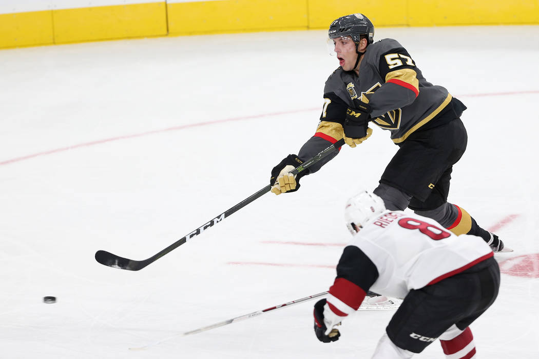 Vegas Golden Knights left wing David Perron (57) shoots the puck in the NHL season home opener against Arizona Coyotes at T-Mobile Arena in Las Vegas, Tuesday, Oct. 10, 2017. Vegas Golden Knights ...