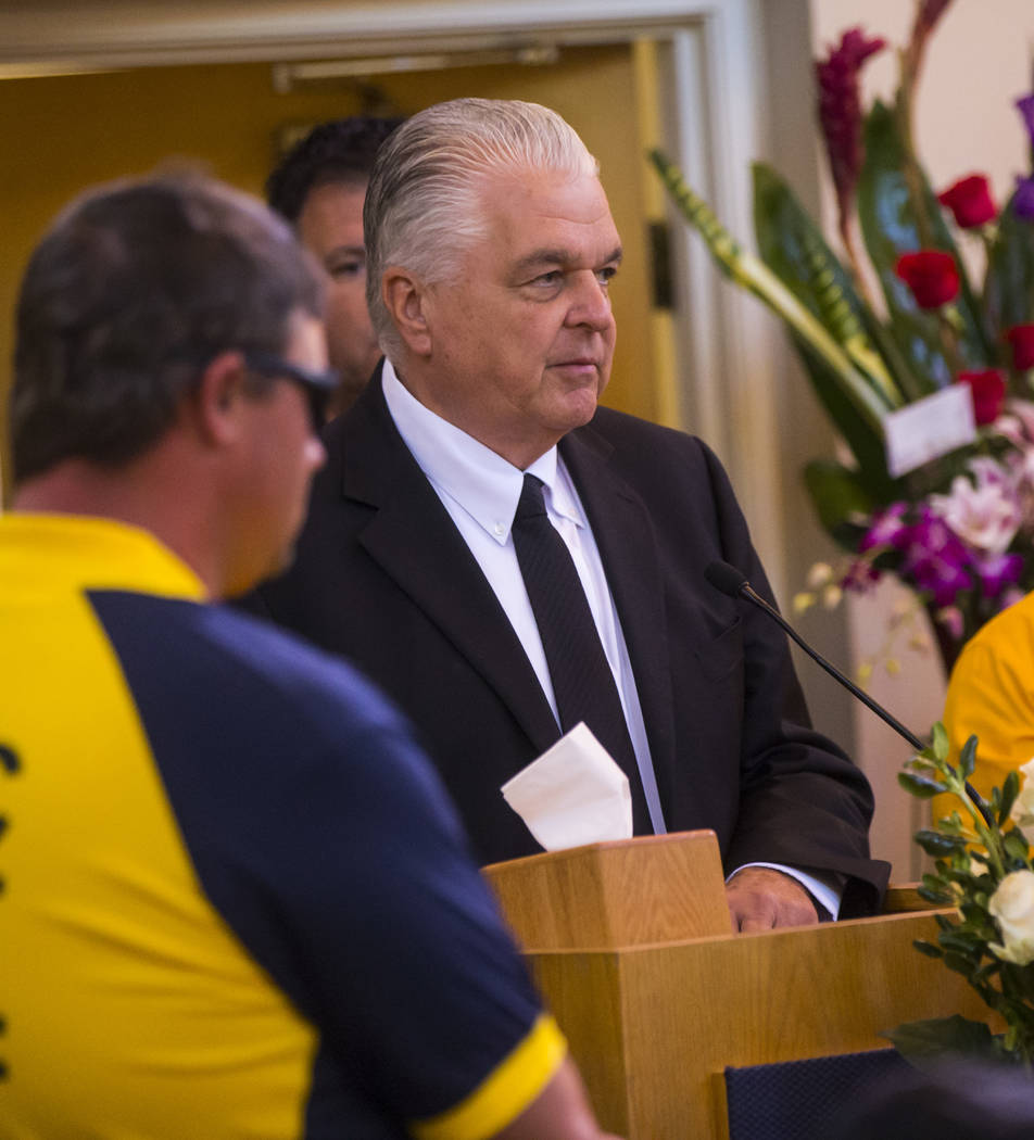 Clark County Commissioner Steve Sisolak speaks during funeral services for Erick Silva at Davis Funeral Home & Memorial Park in Las Vegas on Thursday, Oct. 12, 2017. Silva was working as a sec ...