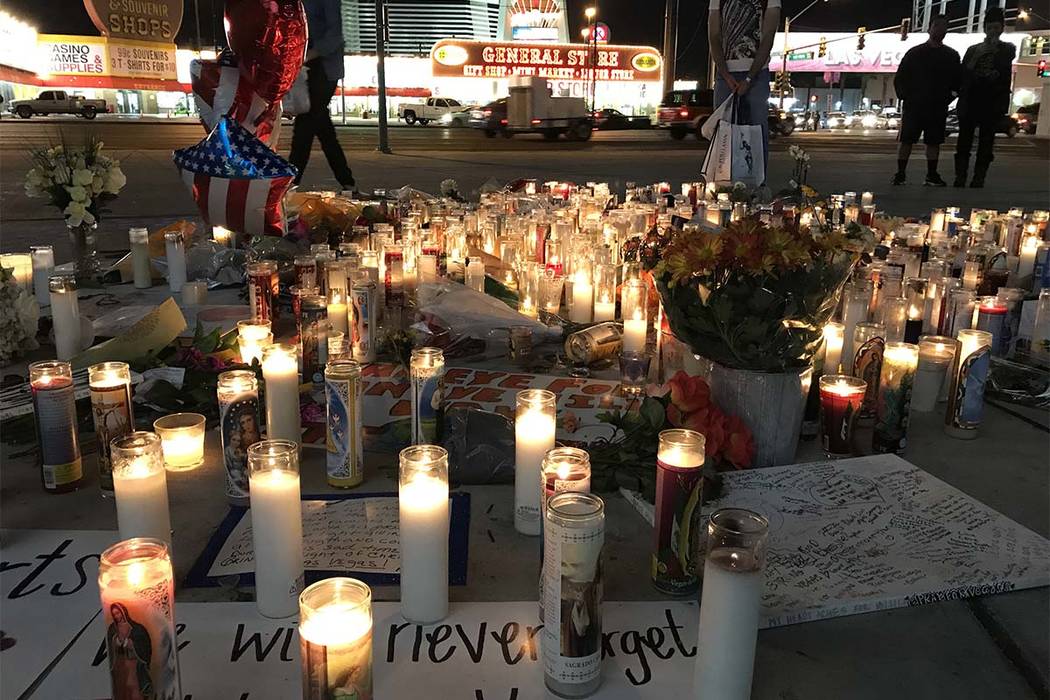 A makeshift memorial for victims of the Route 91 Harvest Festival mass shooting is located at the intersection of the Strip and Sahara Avenue, Wednesday, Oct. 4, 2017. (Madelyn Reese/Las Vegas Rev ...