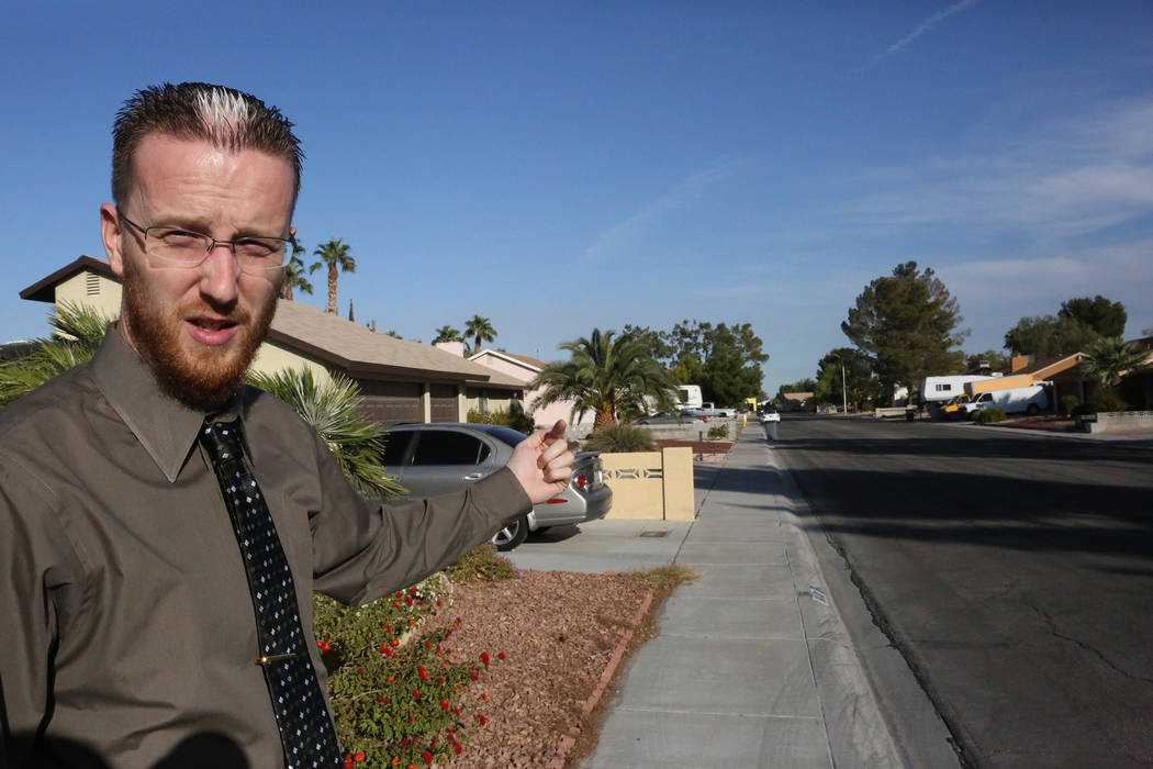 On Monday, Oct. 16, 2017, Justin Pearson, who is a concealed carry weapons permit holder and helped thwart a child kidnapping, explains how a kidnapper raced down his street in Las Vegas. Michael  ...