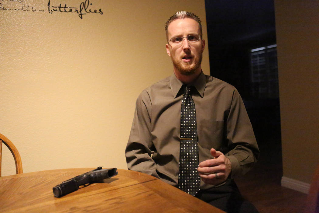 On Monday, Oct. 16, 2017, Justin Pearson, who is a concealed carry weapons permit holder, explains how he helped thwart a child kidnapping on his street in Las Vegas. Michael Quine Las Vegas Revie ...