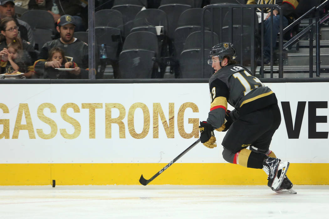 Vegas Golden Knights left wing Brendan Leipsic (13) chases after the puck during the third period against the Arizona Coyotes at T-Mobile Arena in Las Vegas, Tuesday, Oct. 10, 2017. Knights won 5- ...