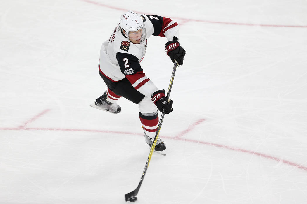 Arizona Coyotes defenseman Luke Schenn (2) looks for an open pass against Vegas Golden Knights in the Knight's NHL season home opener at T-Mobile Arena in Las Vegas, Tuesday, Oct. 10, 2017. Erik V ...