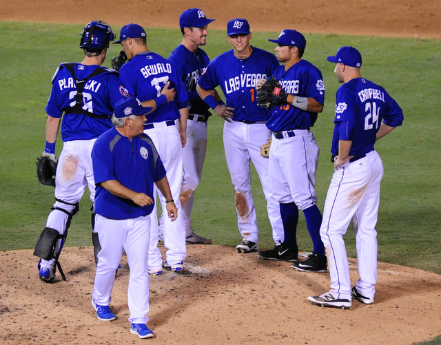 Las Vegas 51s manager Wally Backman walks back to the dugout after making a pitcher change against Round Rock in the eighth inning at Cashman Field in Las Vegas Tuesday, August 16, 2016. Las Vegas ...