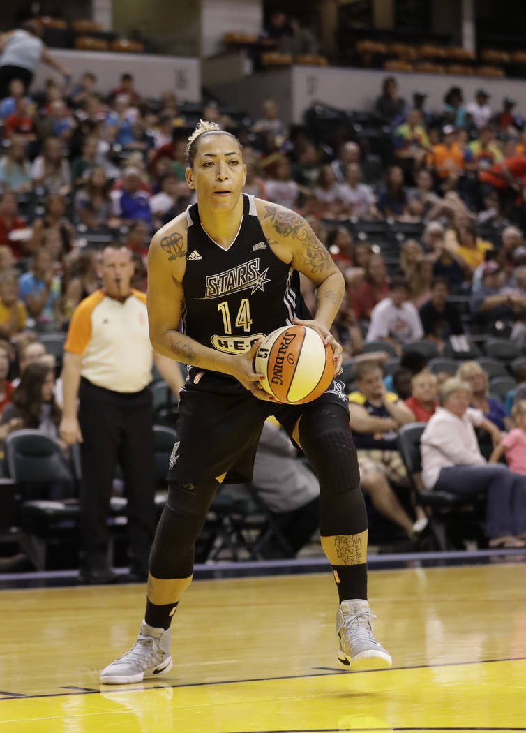 San Antonio Stars' Erika de Souza (14) in action during the first half of a WNBA basketball game against the Indiana Fever, Wednesday, July 12, 2017, in Indianapolis. (AP Photo/Darron Cummings)