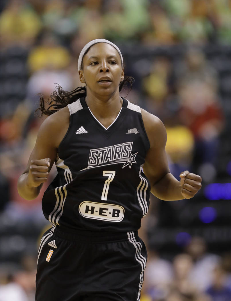 San Antonio Stars' Eshaya Murphy (7) reacts during the second half of a WNBA basketball game against the Indiana Fever, Wednesday, July 12, 2017, in Indianapolis. San Antonio defeated Indiana 79-7 ...