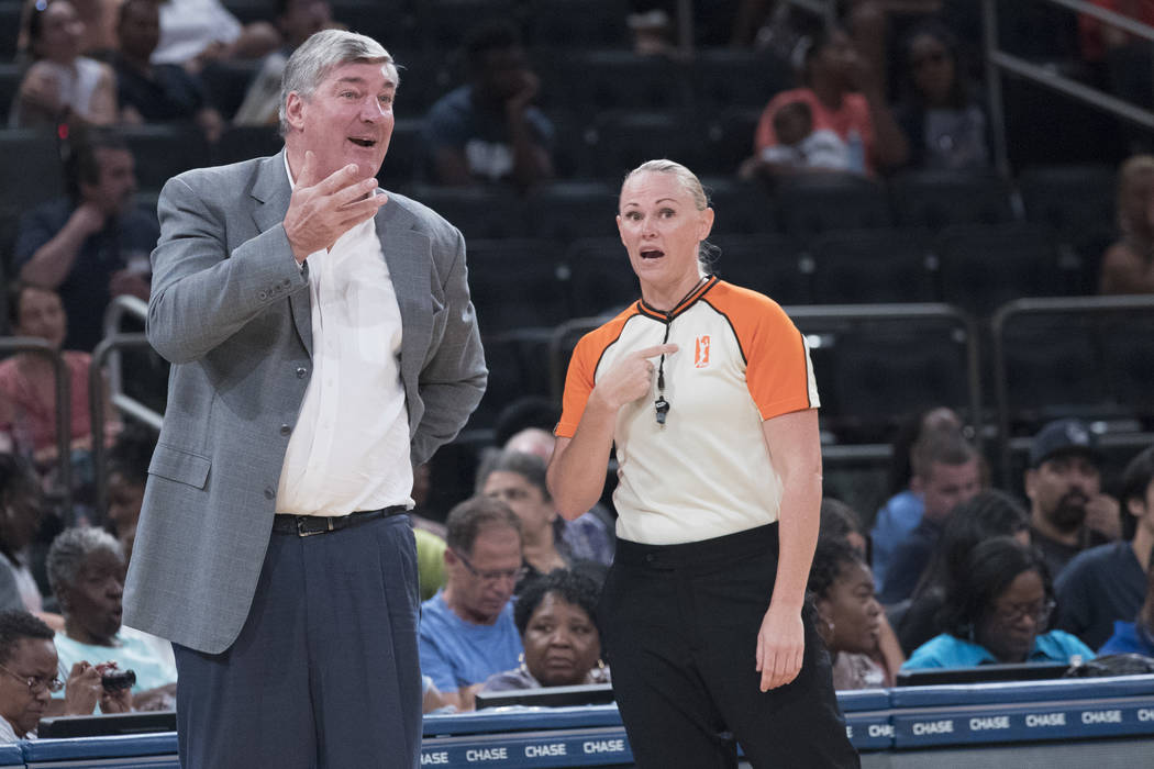 New York Liberty head coach Bill Laimbeer, left, argues with a referee during the first half of a WNBA basketball game against the Connecticut Sun, Wednesday, July 19, 2017 at Madison Square Garde ...