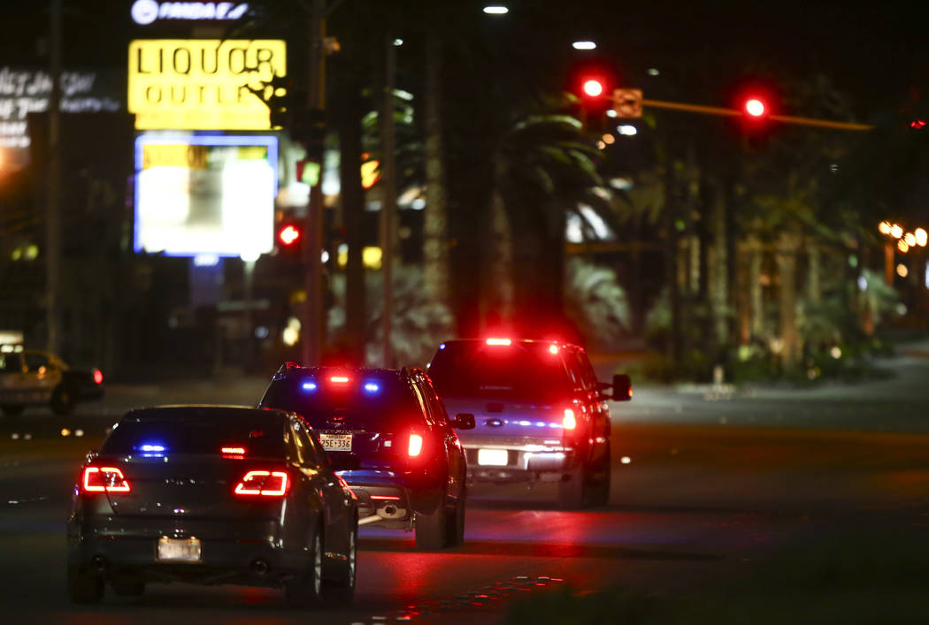 Emergency vehicles head down Las Vegas Boulevard following an active shooter situation on the Las Vegas Strip during the early hours of Monday, Oct. 2, 2017. Chase Stevens Las Vegas Review-Journal ...