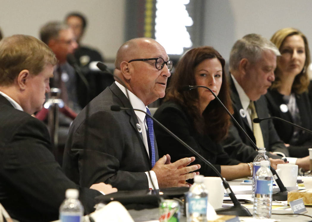 Rossi Ralenkotter, second left, president and CEO of the Las Vegas Convention and Visitors Authority, speaks as Cathy Tull, center, senior vice president of marketing at LVCVA, looks on during the ...