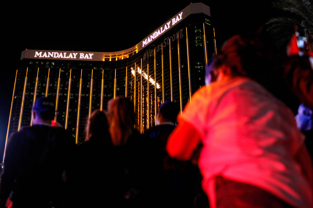 People gather across Mandalay Bay during the Vegas Strong Las Vegas Strip Walk honoring the victims of the Route 91 Harvest Festival shooting in Las Vegas, Sunday, Oct. 15, 2017. Joel Angel Juarez ...