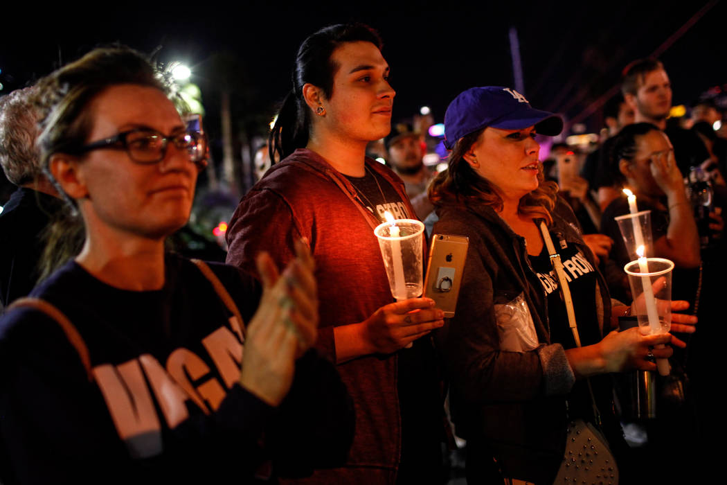 People gather across Mandalay Bay during the Vegas Strong Las Vegas Strip Walk honoring the victims of the Route 91 Harvest Festival shooting in Las Vegas, Sunday, Oct. 15, 2017. Joel Angel Juarez ...