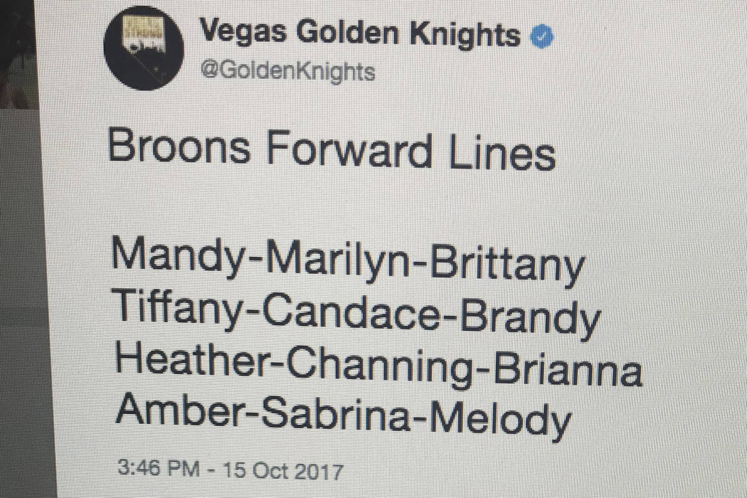 A tweet from the Vegas Golden Knights' Twitter account is seen in this screenshot taken Sunday, Oct. 15, 2017. (Las Vegas Review-Journal)