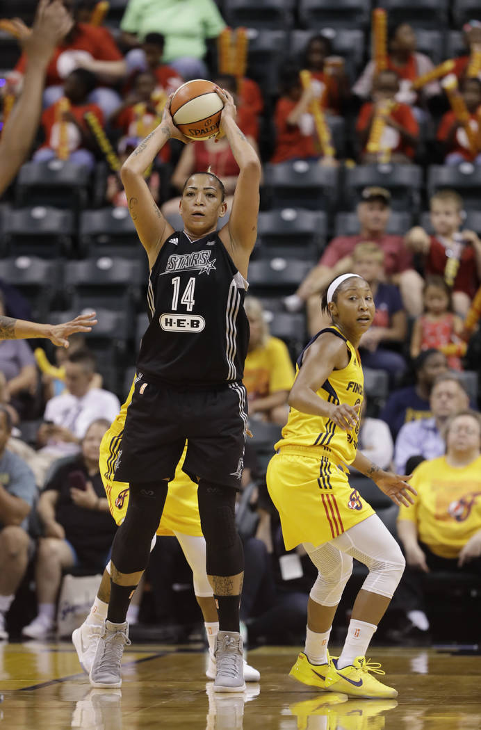 San Antonio Stars' Erika de Souza (14) in action during the second half of a WNBA basketball game against the Indiana Fever, Wednesday, July 12, 2017, in Indianapolis. San Antonio defeated Indiana ...