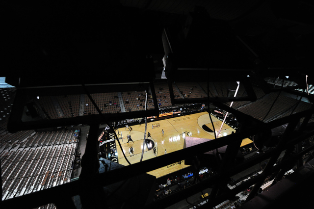 The floor of the Mandalay Bay Events Center is seen behind the arena's lights during a Vegas 16 college basketball game between Oakland and ETSU in the second half of their NCAA college basketball ...