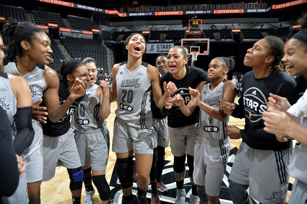 SAN ANTONIO, TX - AUGUST 1: The San Antonio Stars huddle up after the game against the New York Liberty during a WNBA game on August 1, 2017 at the AT&T Center in San Antonio, Texas. NOTE TO U ...