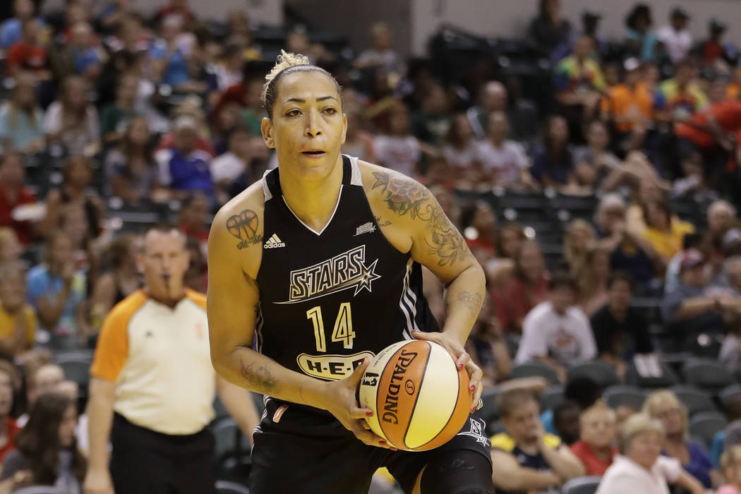 San Antonio Stars' Erika de Souza (14) in action during the first half of a WNBA basketball game against the Indiana Fever, Wednesday, July 12, 2017, in Indianapolis. (AP Photo/Darron Cummings)