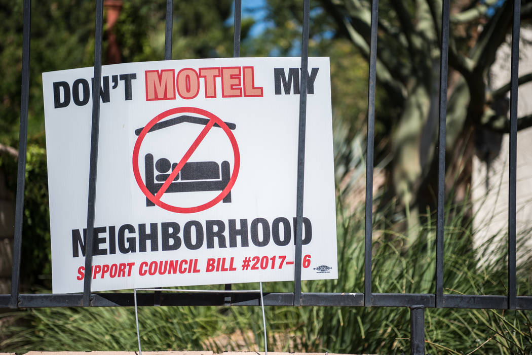 Shadow Lane exhibiting "Don't Motel My Neighborhood" signs on Wednesday, June 14, 2017, in Las Vegas. Morgan Lieberman Las Vegas Review-Journal