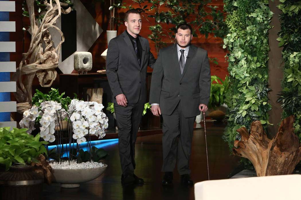 Mandalay Bay building engineer Stephen Schuck, left, and security officer Jesus Campos, right, appear on "The Ellen Degeneres Show." Michael Rozman/Warner Bros.