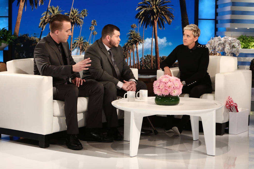 Ellen Degeneres, right, sits down with Mandalay Bay security officer Jesus Campos, center, and building engineer Stephen Schuck, left, who were the first people to encounter Stephen Paddock on the ...