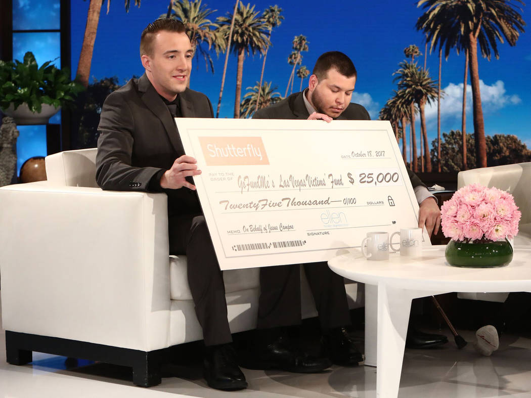 Mandalay Bay building engineer Stephen Schuck, left, and security officer Jesus Campos, right, appear on "The Ellen Degeneres Show." Michael Rozman/Warner Bros.