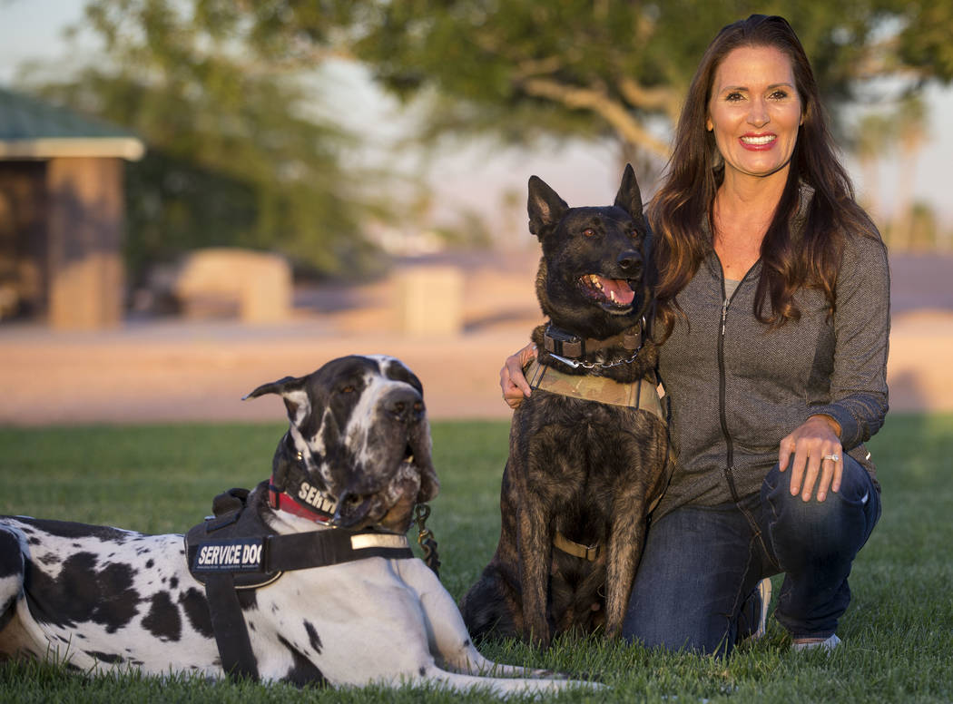 Club K9 owner and service dog trainer Susan Davis with her Great Dane Goomba and Dutch Shepherd Luna during a visit to the Firefighters Memorial Park in Las Vegas on Tuesday, Oct. 17, 2017. Richar ...