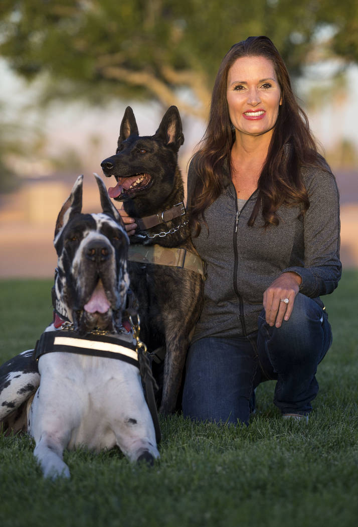 Club K9 owner and service dog trainer Susan Davis with her Great Dane Goomba and Dutch Shepherd Luna during a visit to the Firefighters Memorial Park in Las Vegas on Tuesday, Oct. 17, 2017. Richar ...