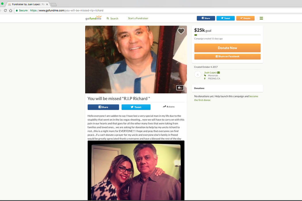 A crowdfunding web page is shown Oct. 16, 2017. The page has since been taken down. GoFundMe