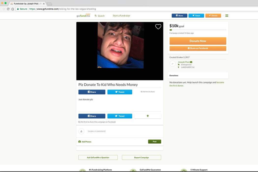 A crowdfunding web page is shown Oct. 16, 2017. The page has since been taken down. GoFundMe