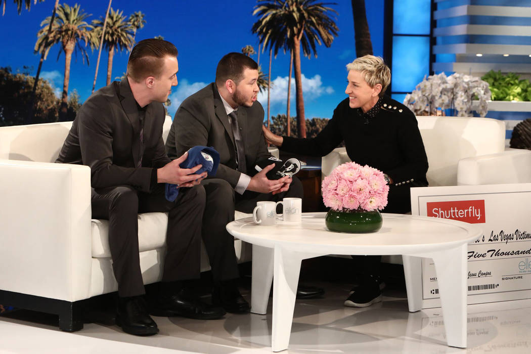 Ellen Degeneres, right, sits down with Mandalay Bay security officer Jesus Campos, center, and building engineer Stephen Schuck, left, who were the first people to encounter Stephen Paddock on the ...