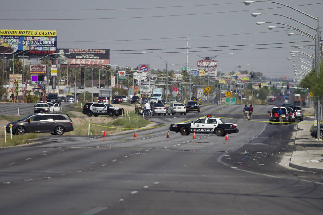 The scene where a pedestrian was fatally struck crossing Boulder Highway near Russell Road in Las Vegas on Saturday, July 15, 2017. Erik Verduzco Las Vegas Review-Journal @Erik_Verduzco